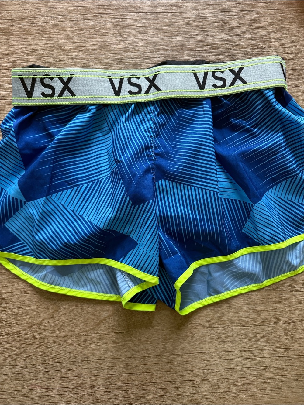 VSX Blue Geometric Athletic Shorts with Neon Yellow Trim